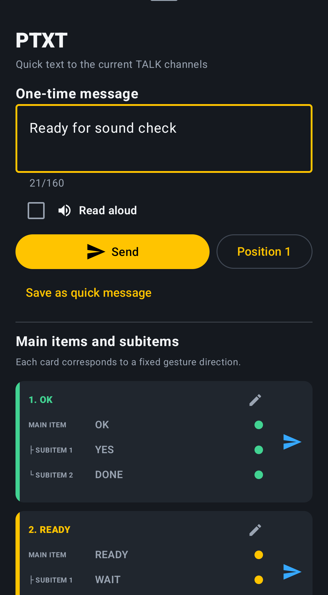 Ekran PTXT w aplikacji AJA Intercom: gotowe komunikaty tekstowe (dane demonstracyjne)